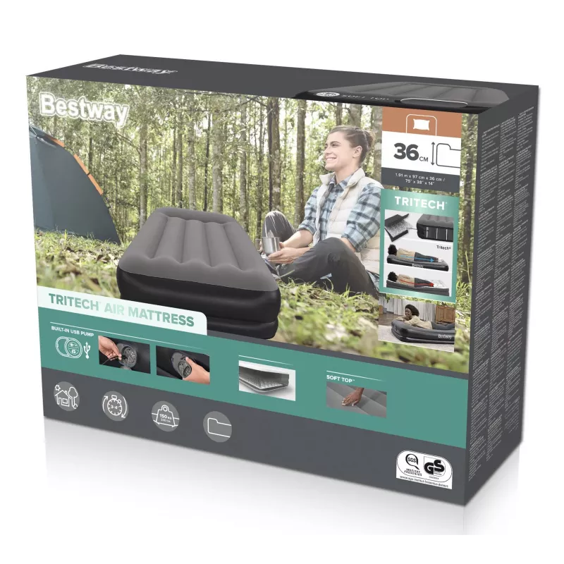 Materac powietrzny Bestway Tritech Twin z wbudowaną pompką USB 1,91 m x 97 cm x 36 cm