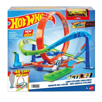 Hot Wheels Action Loop Cyclone Challenge Track Set z samochodzikiem w skali 1:64, łatwe przechowywanie