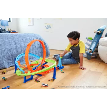 Hot Wheels Action Loop Cyclone Challenge Track Set z samochodzikiem w skali 1:64, łatwe przechowywanie