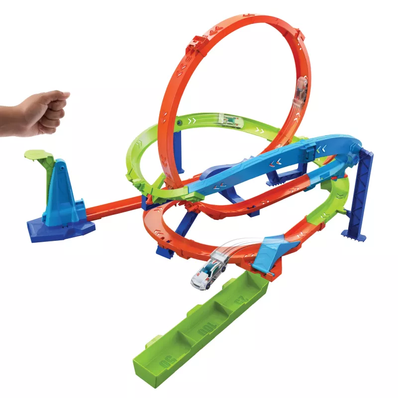 Hot Wheels Action Loop Cyclone Challenge Track Set z samochodzikiem w skali 1:64, łatwe przechowywanie