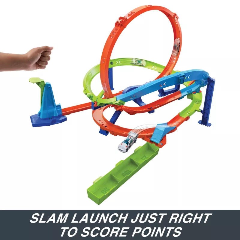 Hot Wheels Action Loop Cyclone Challenge Track Set z samochodzikiem w skali 1:64, łatwe przechowywanie