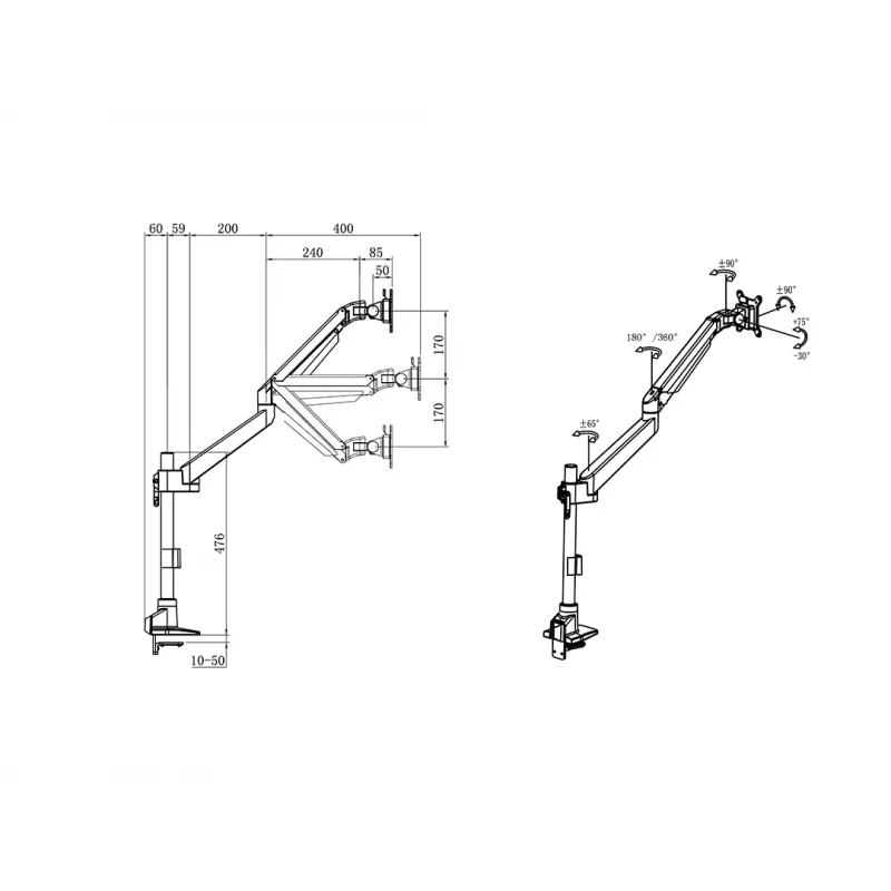 Multibrackets M VESA Gas Lift Arm Single Pole, zacisk, 10 kg, 38,1 cm (15 cali), 81,3 cm (32 cale), 100 x 100 mm, czarny