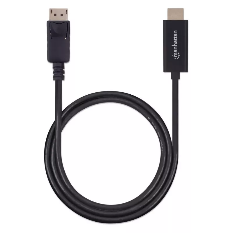 Kabel Manhattan DisplayPort 1.2 na HDMI, 4K@60Hz, 1m, męski na męski, DP z zatrzaskiem, czarny, nie dwukierunkowy, trzyletnia gwarancja, odpowiednik 3F-DP-HDMI-4K60-HDR