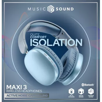 Music Sound MAXI3 MAXI3 bezprzewodowe słuchawki nauszne z aktywną redukcją szumów: wciągające i wolne od rozproszeń doznania odsłuchowe, do 35 godzin pracy na baterii. Nowoczesny design, komfort, styl i potężny, rewolucyjny dźwięk.