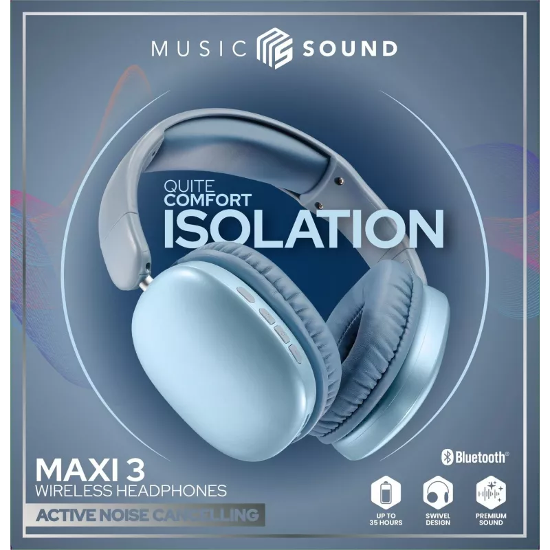 Music Sound MAXI3 MAXI3 bezprzewodowe słuchawki nauszne z aktywną redukcją szumów: wciągające i wolne od rozproszeń doznania odsłuchowe, do 35 godzin pracy na baterii. Nowoczesny design, komfort, styl i potężny, rewolucyjny dźwięk.