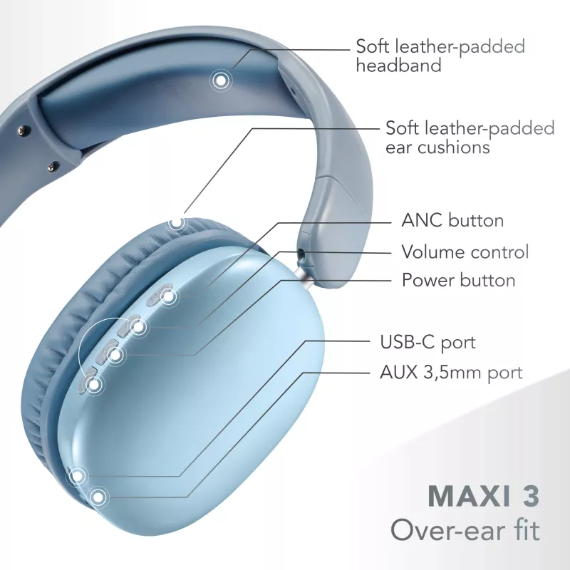 Music Sound MAXI3 MAXI3 bezprzewodowe słuchawki nauszne z aktywną redukcją szumów: wciągające i wolne od rozproszeń doznania odsłuchowe, do 35 godzin pracy na baterii. Nowoczesny design, komfort, styl i potężny, rewolucyjny dźwięk.
