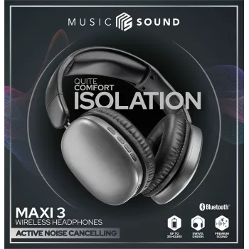 Music Sound MAXI3 MAXI3 bezprzewodowe słuchawki nauszne z aktywną redukcją szumów: wciągające i pozbawione zakłóceń wrażenia słuchowe, do 35 godzin pracy na baterii. Nowoczesny design, komfort, styl i potężny, rewolucyjny dźwięk.