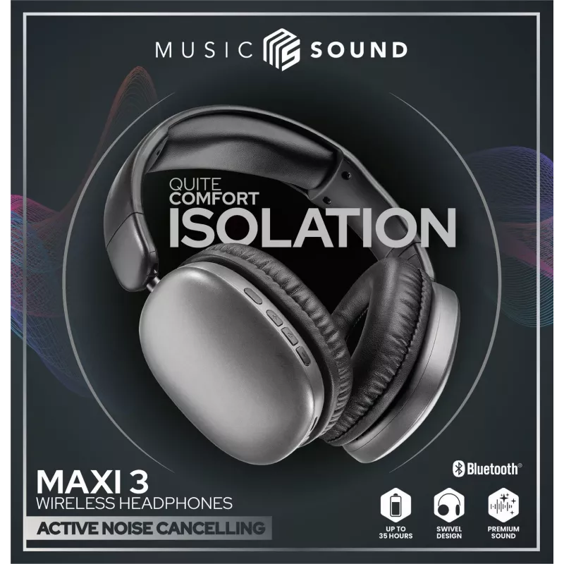 Music Sound MAXI3 MAXI3 bezprzewodowe słuchawki nauszne z aktywną redukcją szumów: wciągające i pozbawione zakłóceń wrażenia słuchowe, do 35 godzin pracy na baterii. Nowoczesny design, komfort, styl i potężny, rewolucyjny dźwięk.