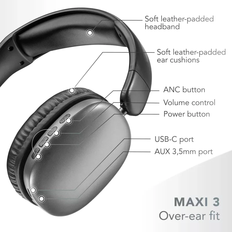 Music Sound MAXI3 MAXI3 bezprzewodowe słuchawki nauszne z aktywną redukcją szumów: wciągające i pozbawione zakłóceń wrażenia słuchowe, do 35 godzin pracy na baterii. Nowoczesny design, komfort, styl i potężny, rewolucyjny dźwięk.