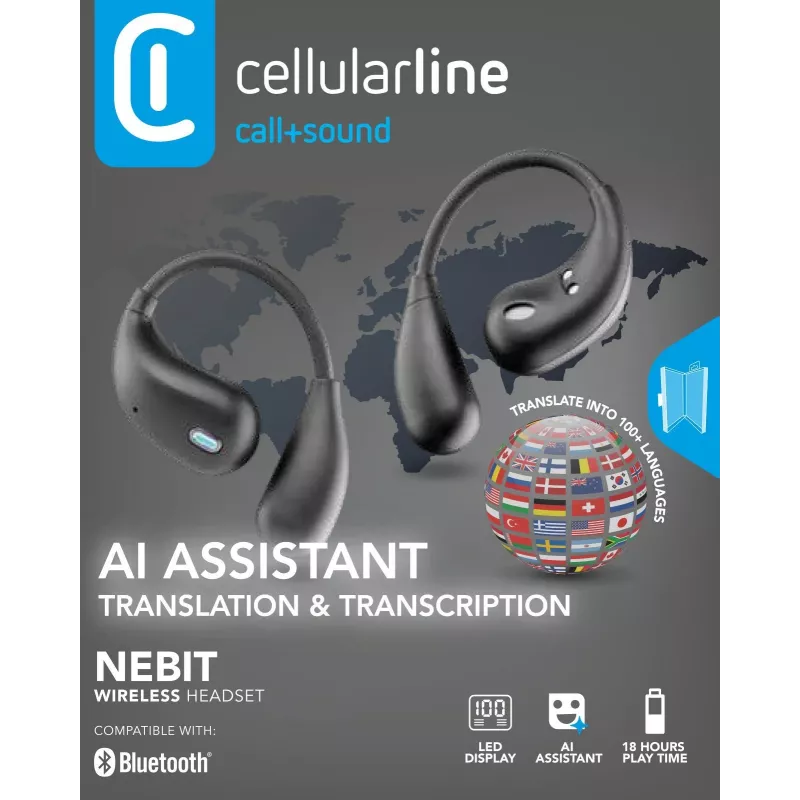 Cellularline Nebit – TWS Translator NEBIT TWS earbuds z funkcją tłumaczenia w czasie rzeczywistym. Eleganckie i inteligentne, zaprojektowane, aby przełamywać bariery językowe i wspierać natychmiastową komunikację oraz transkrypcję.