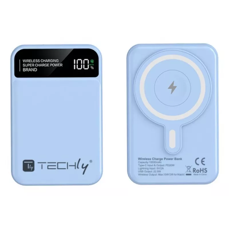 Techly I-CHARGE-10LCDBL powerbank Litowo-polimerowy (LiPo) 10000 mAh Ładowanie bezprzewodowe Niebieski