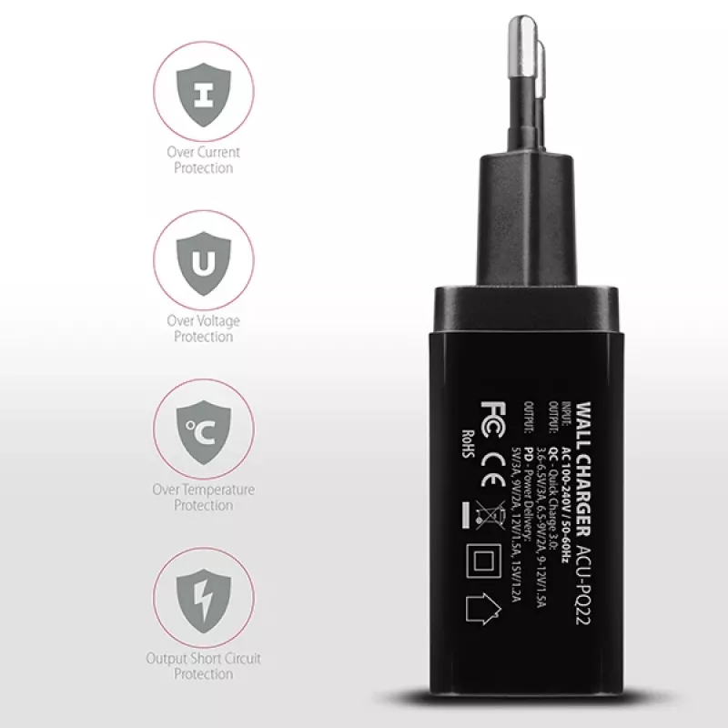 Axagon ACU-PQ22 ładowarka do urządzeń mobilnych Telefon komórkowy, Powerbank, Smartfon, Smartwatch, Tablet, Uniwersalna Czarny AC Szybkie ładowanie Wewnętrzna