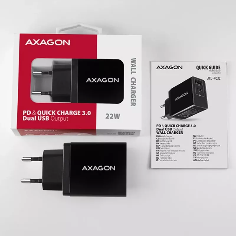 Axagon ACU-PQ22 ładowarka do urządzeń mobilnych Telefon komórkowy, Powerbank, Smartfon, Smartwatch, Tablet, Uniwersalna Czarny AC Szybkie ładowanie Wewnętrzna