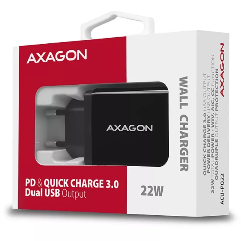 Axagon ACU-PQ22 ładowarka do urządzeń mobilnych Telefon komórkowy, Powerbank, Smartfon, Smartwatch, Tablet, Uniwersalna Czarny AC Szybkie ładowanie Wewnętrzna