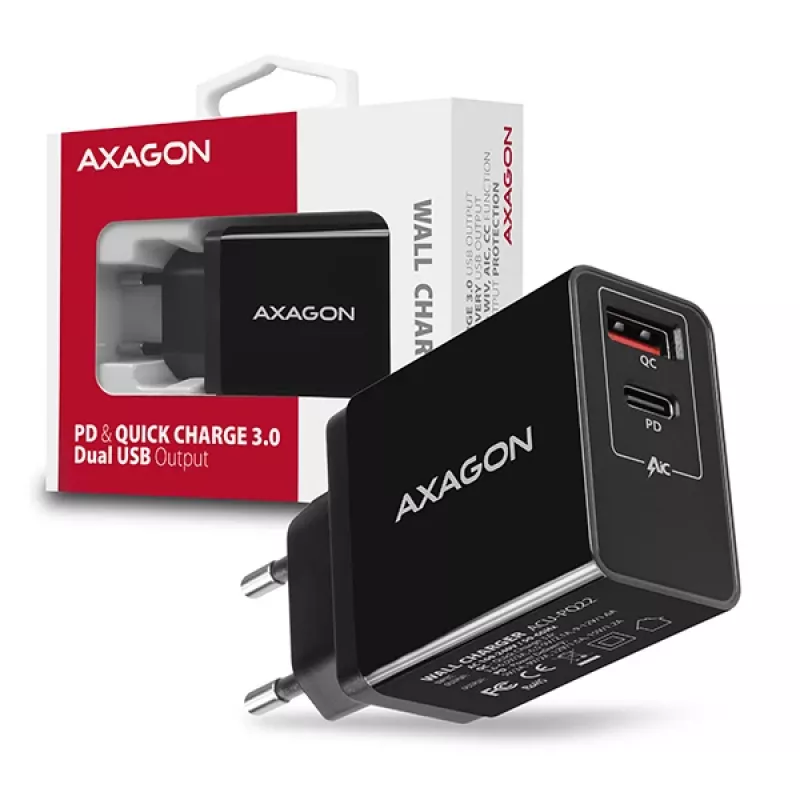 Axagon ACU-PQ22 ładowarka do urządzeń mobilnych Telefon komórkowy, Powerbank, Smartfon, Smartwatch, Tablet, Uniwersalna Czarny AC Szybkie ładowanie Wewnętrzna