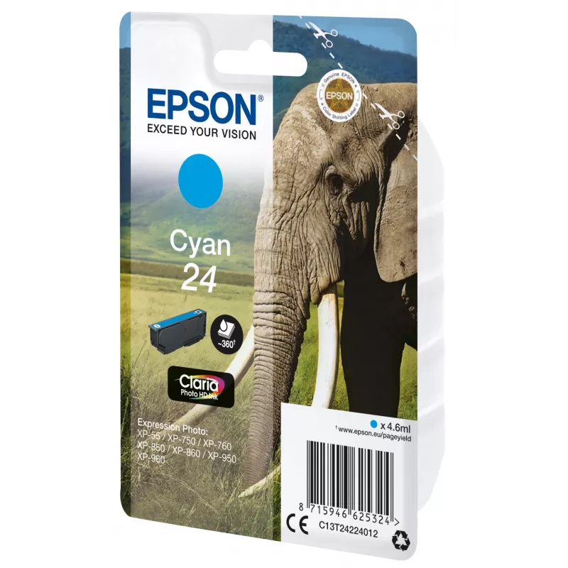 Epson Elephant Singlepack cyjan 24 Claria Photo HD Ink, cyjan, 4.6 ml, 1 szt., 360 stron
