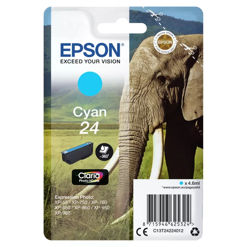 Epson Elephant Singlepack cyjan 24 Claria Photo HD Ink, cyjan, 4.6 ml, 1 szt., 360 stron