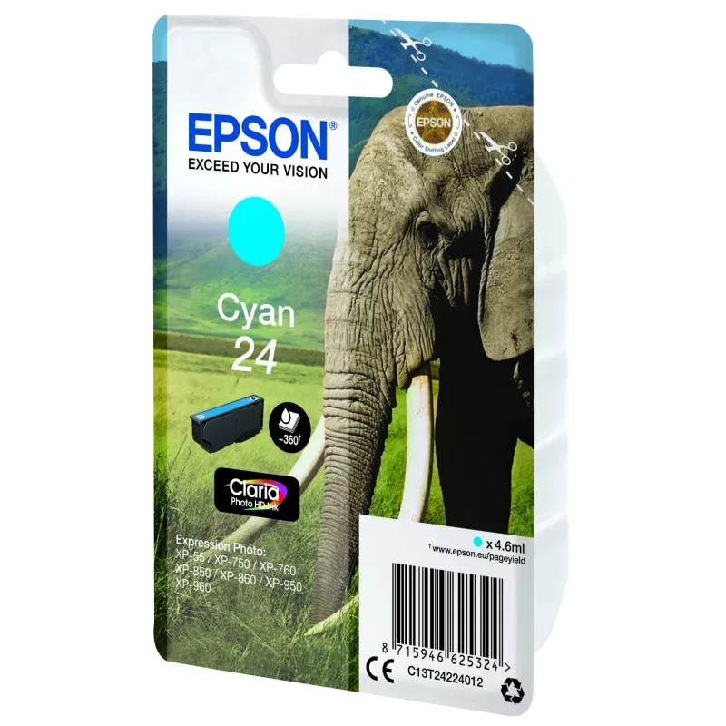 Epson Elephant Singlepack cyjan 24 Claria Photo HD Ink, cyjan, 4.6 ml, 1 szt., 360 stron