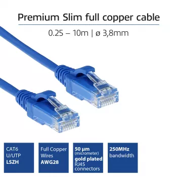 ACT niebieski 5 metrów LSZH U/UTP CAT6 cienki kabel krosowy do centrum danych bez zaczepów ze złączami RJ45