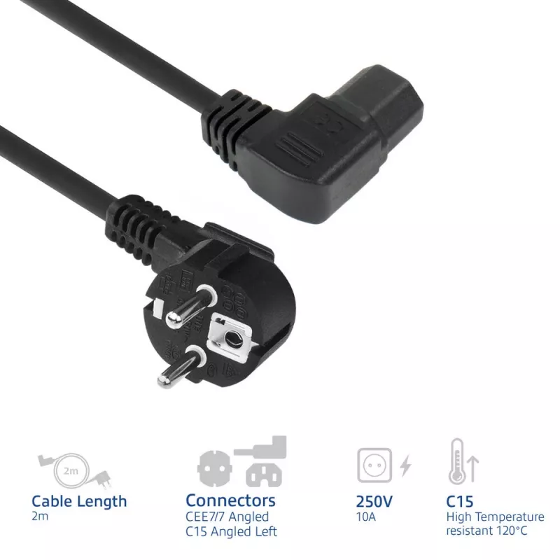 ACT Przewód zasilający z wtykiem sieciowym CEE7/7 (kątowy) – C15 (kątowy lewy) IEC60320 czarny 2 m