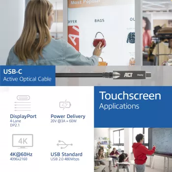 ACT USB-C 3.2 Gen2 Aktywny Kabel Optyczny (AOC), do paneli dotykowych, wideo, dane, zasilanie, 3m