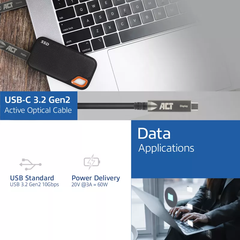 ACT USB-C 3.2 Gen2 Aktywny Kabel Optyczny (AOC), do paneli dotykowych, wideo, dane, zasilanie, 3m
