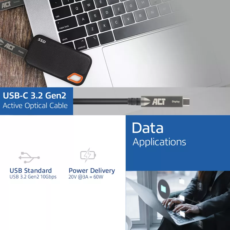 ACT USB-C 3.2 Gen2 Active Optical kabel (AOC), do paneli dotykowych, wideo, danych, zasilania, 5m