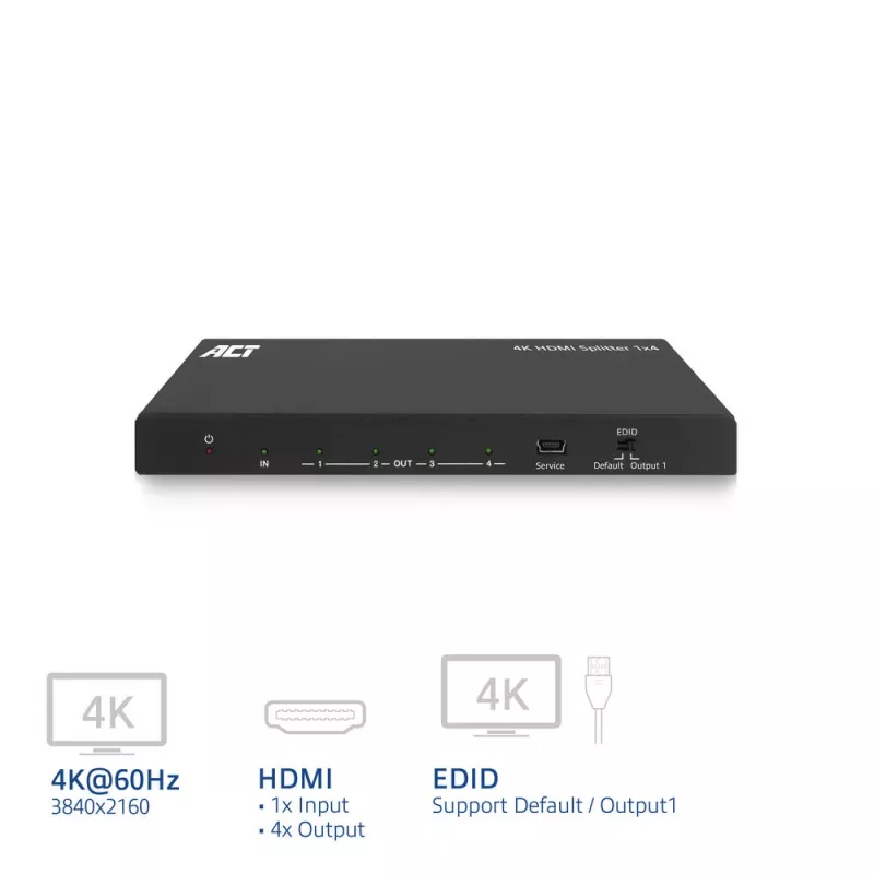 Rozdzielacz ACT 4K HDMI, 1 wejście, 4 wyjścia, obsługa EDID, HDMI, 4x HDMI, 3840 x 2160 pikseli, Czarny, 4K Ultra HD, 10,2 Gbit/s