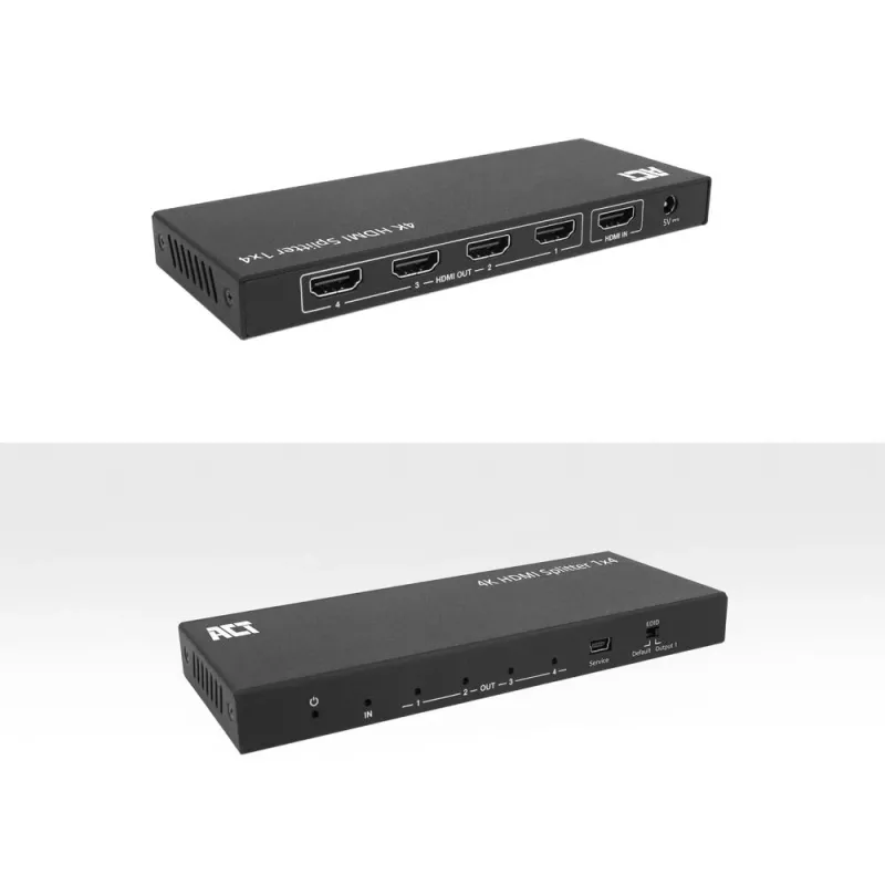 Rozdzielacz ACT 4K HDMI, 1 wejście, 4 wyjścia, obsługa EDID, HDMI, 4x HDMI, 3840 x 2160 pikseli, Czarny, 4K Ultra HD, 10,2 Gbit/s