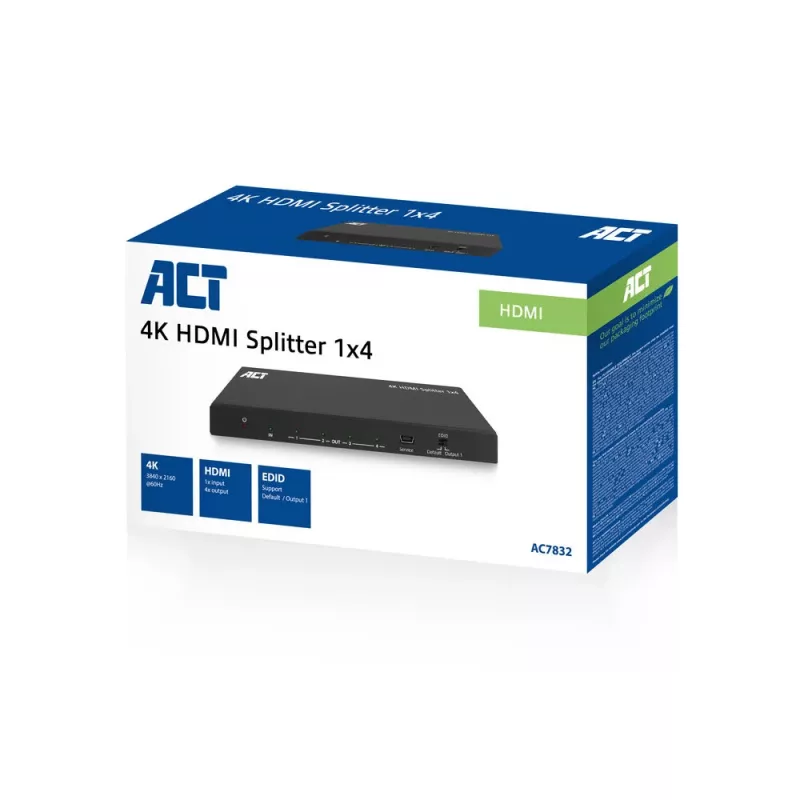 Rozdzielacz ACT 4K HDMI, 1 wejście, 4 wyjścia, obsługa EDID, HDMI, 4x HDMI, 3840 x 2160 pikseli, Czarny, 4K Ultra HD, 10,2 Gbit/s