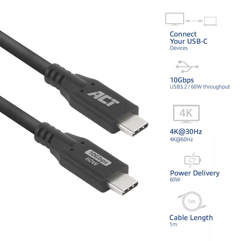 ACT USB 3.0 10Gbps 60W kabel USB Type-C, 1 metr, 1 m, USB C, USB C, USB 3.2 Gen 2 (3.1 Gen 2), 10 Gbit/s, czarny