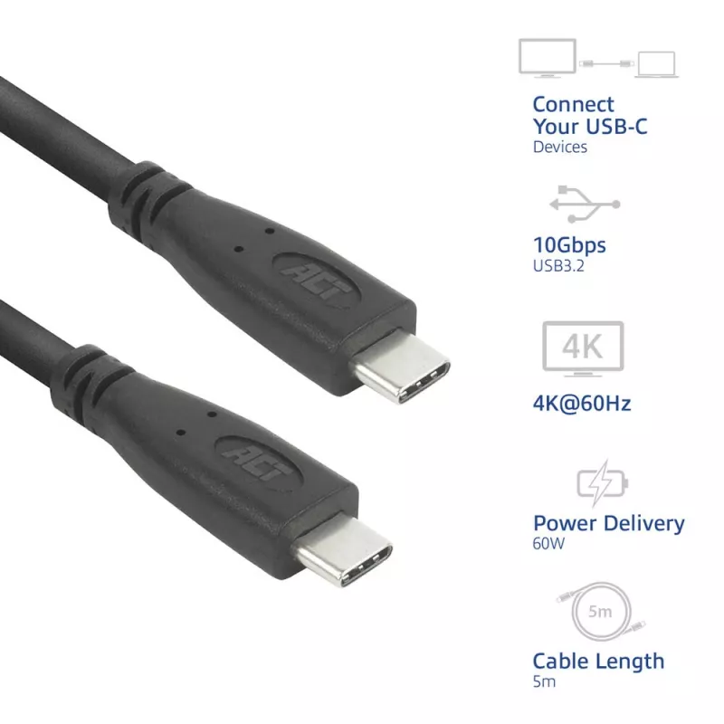 ACT AC7445 kabel USB 3.2 Gen 2 (3.1 Gen 2) 5 m USB C 10 Gbit/s 60 W czarny