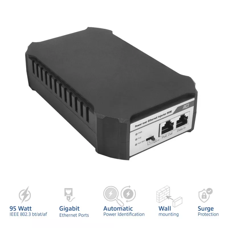 Wtryskiwacz PoE ACT 95 W IEEE 802.3bt, Gigabit Ethernet, 1000 Mbit/s, 10/100/1000, PoE++ (4PPoE), IEEE 802.3af, IEEE 802.3at, IEEE 802.3bt, Cat6a