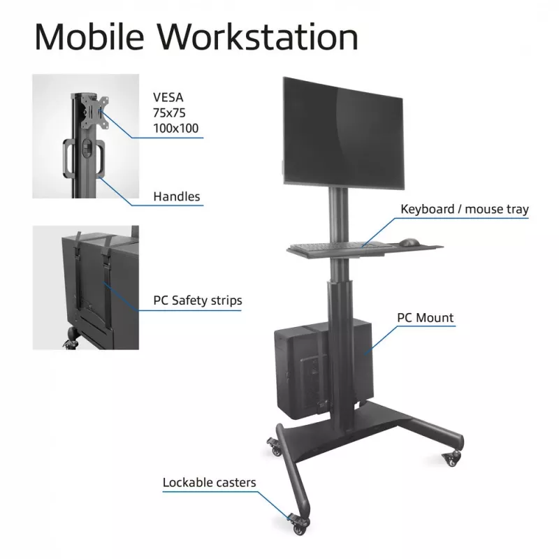 ACT Mobilne stanowisko robocze na jeden monitor, z mocowaniem CPU, tacą na klawiaturę i mysz