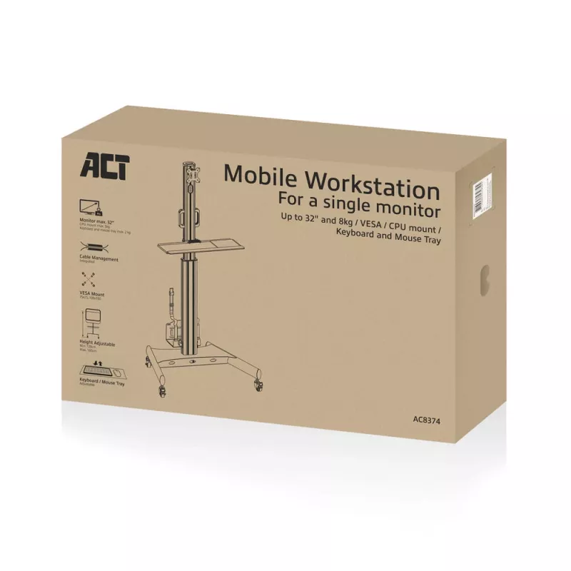 ACT Mobilne stanowisko robocze na jeden monitor, z mocowaniem CPU, tacą na klawiaturę i mysz