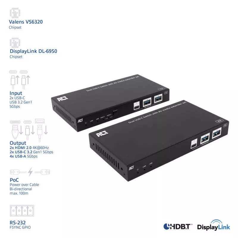 Zestaw przedłużacza AV media z podwójnym przełącznikiem USB-C, CAT6A, 100 metrów