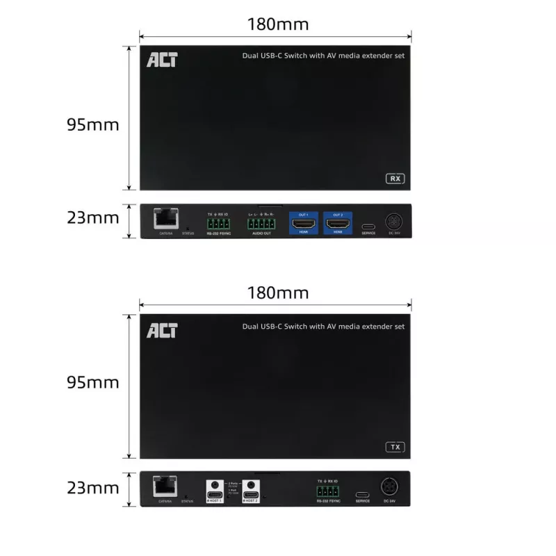 Zestaw przedłużacza AV media z podwójnym przełącznikiem USB-C, CAT6A, 100 metrów