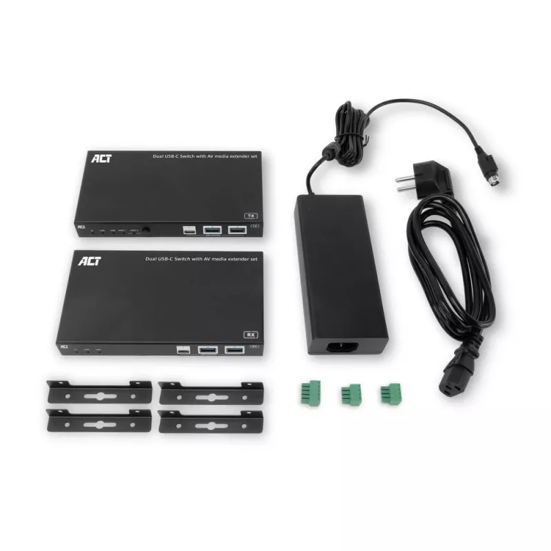 Zestaw przedłużacza AV media z podwójnym przełącznikiem USB-C, CAT6A, 100 metrów