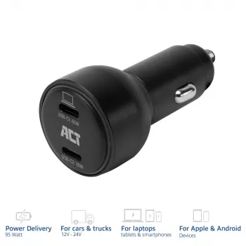 ACT 2-portowa szybka ładowarka samochodowa USB-C 95 W z Power Delivery PPS, Quick Charge i GaNFast