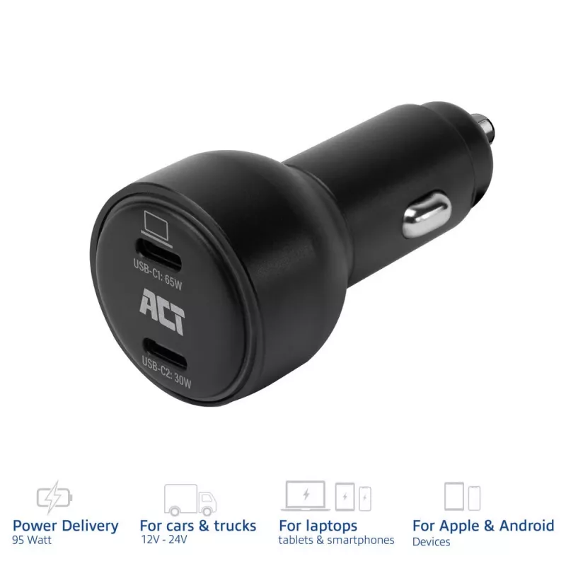 ACT 2-portowa szybka ładowarka samochodowa USB-C 95 W z Power Delivery PPS, Quick Charge i GaNFast