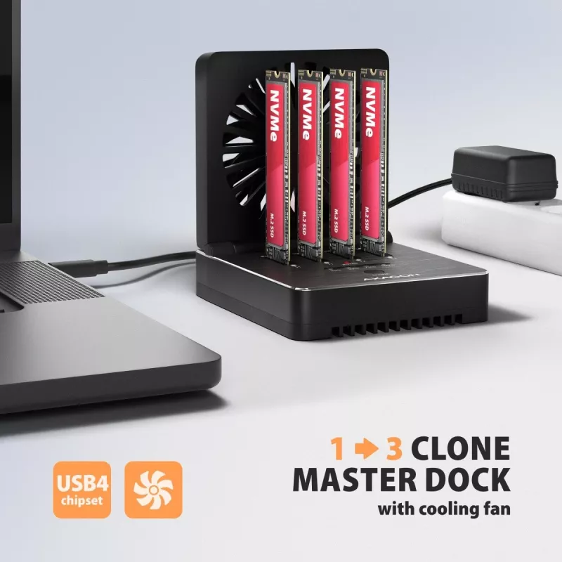 AXAGON ADSA-M2C44 USB4 40Gbps 4-zatokowa stacja dokująca M.2 NVMe SSD z funkcją klonowania offline, aluminium, aktywne chłodzenie
