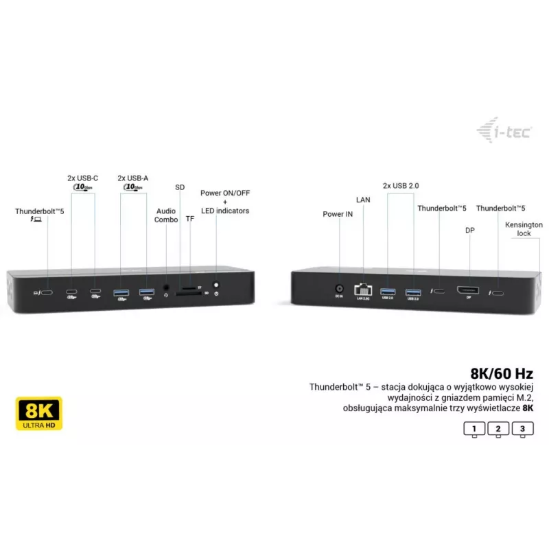 i-tec TB5 Triple Display Docking Station, 2x Thunderbolt 5, DP 2.1, 6x USB, M.2 NVMe slot, 2.5G LAN, SD/microSD, Audio, PD 140W