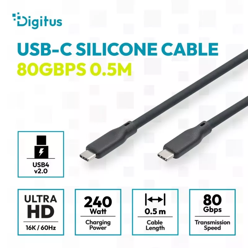 DIGITUS USB4 Version 2.0 Silicone Cable USB-C do USB-C 80Gbps 240W 16K 0.5m Czarny AK-300350-005-S