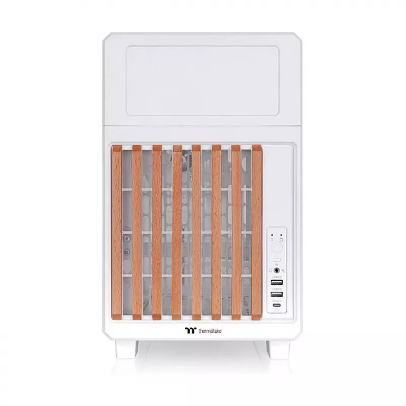 Thermaltake TR200 WS Snow White — Obudowa Micro-ATX, Mesh z Prawdziwym Drewnianym Wykończeniem Przodu, 1x Wentylator 120mm, USB-C, Wsparcie dla Radiatora 360mm / GPU 365mm