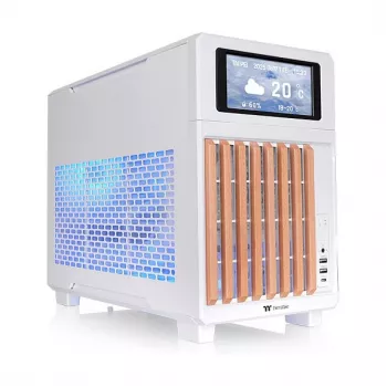 Thermaltake TR200 WS Snow White — Obudowa Micro-ATX, Mesh z Prawdziwym Drewnianym Wykończeniem Przodu, 1x Wentylator 120mm, USB-C, Wsparcie dla Radiatora 360mm / GPU 365mm