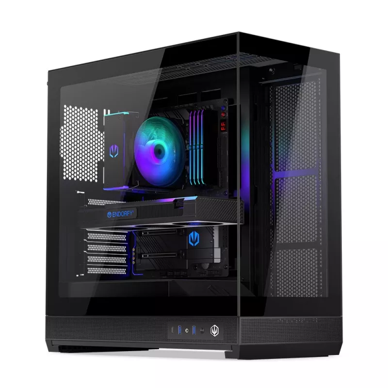 Obudowa PC ENDORFY Fishtank 6000 Flex Mid-Tower - Czarna, podwójne hartowane szkło, USB-C, E-ATX, gotowa na back-connect (bez wentylatorów)