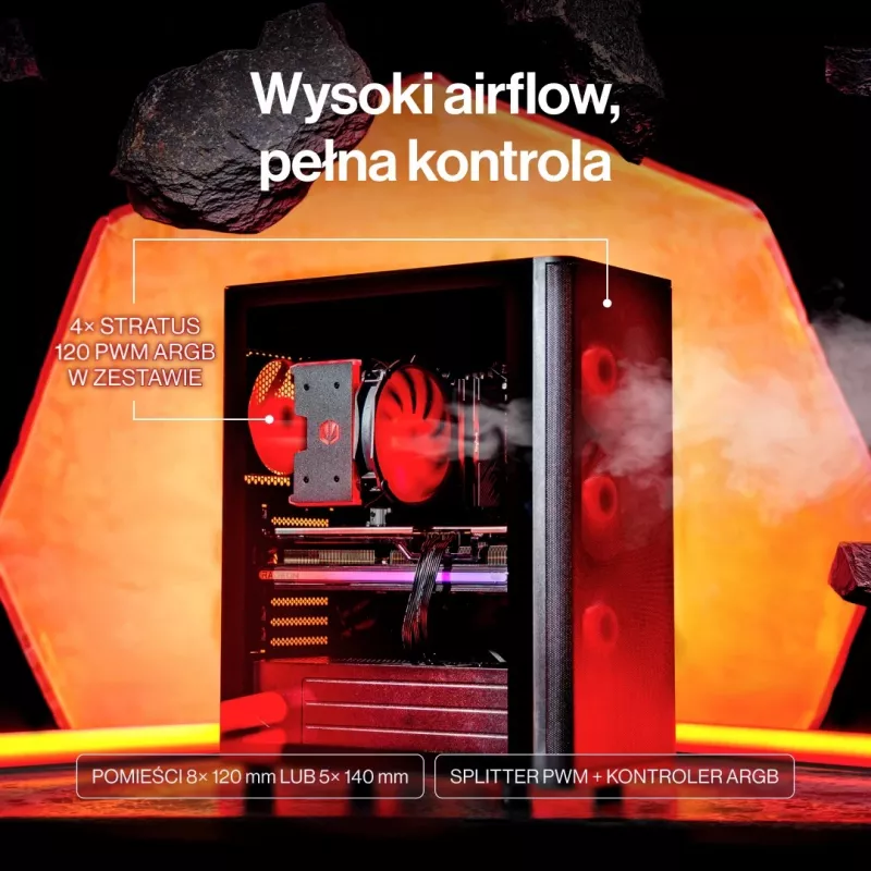ENDORFY Ventum 400 ARGB ATX PC Case - Czarny, Szkło hartowane, 4x Stratus 120 PWM ARGB Wentylatory, Kontroler ARGB i PWM, USB-C