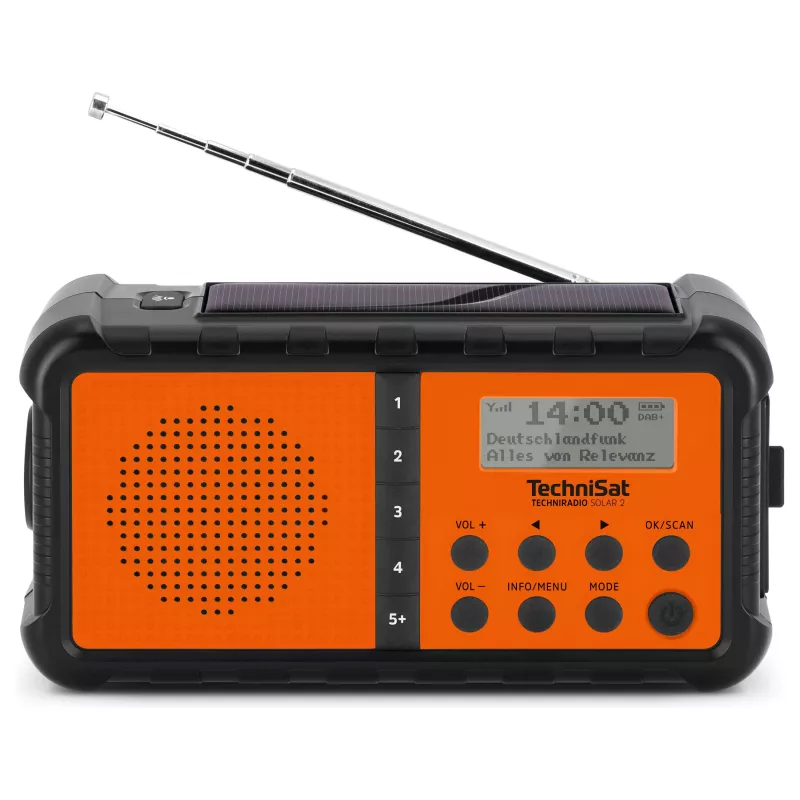 TechniSat TechniRadio Solar 2 DAB+/FM Radio Przenośne z Panelem Słonecznym i Korbką, Czarno-Pomarańczowy