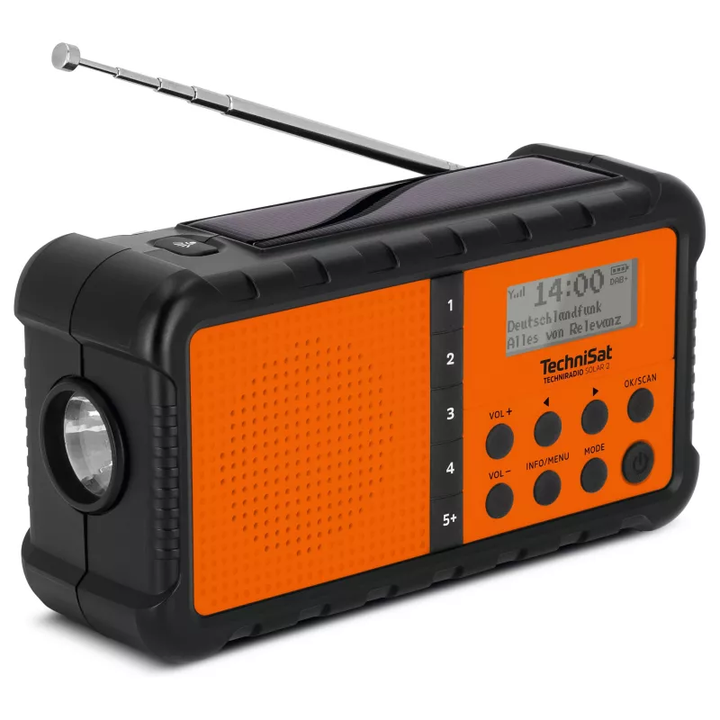 TechniSat TechniRadio Solar 2 DAB+/FM Radio Przenośne z Panelem Słonecznym i Korbką, Czarno-Pomarańczowy