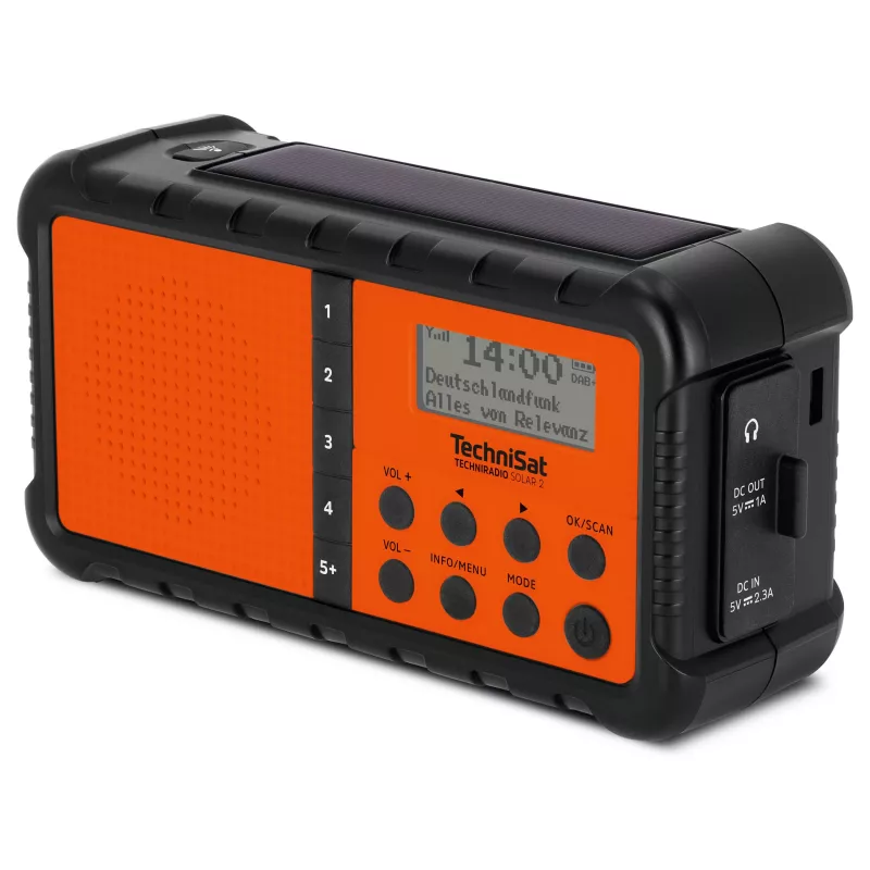 TechniSat TechniRadio Solar 2 DAB+/FM Radio Przenośne z Panelem Słonecznym i Korbką, Czarno-Pomarańczowy